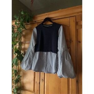 Halogen  Blouse Long Bell Sleeves  Navy Blue Striped Size S